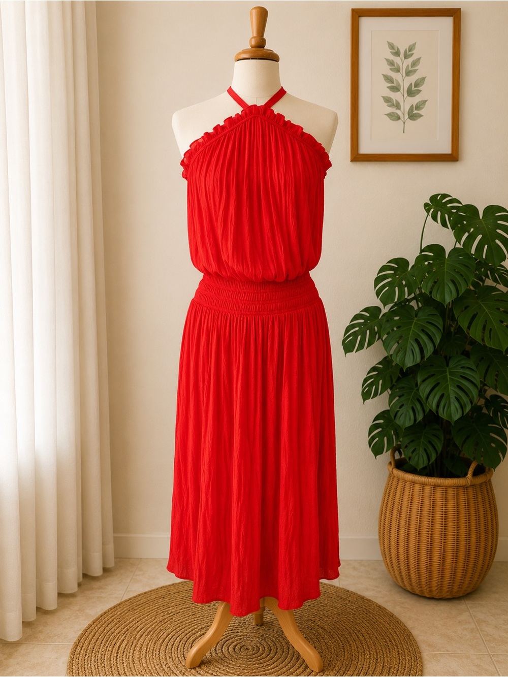Ramy Brook Chloe Red Halter Asymmetrical Midi Maxi Dress Smocked Waist